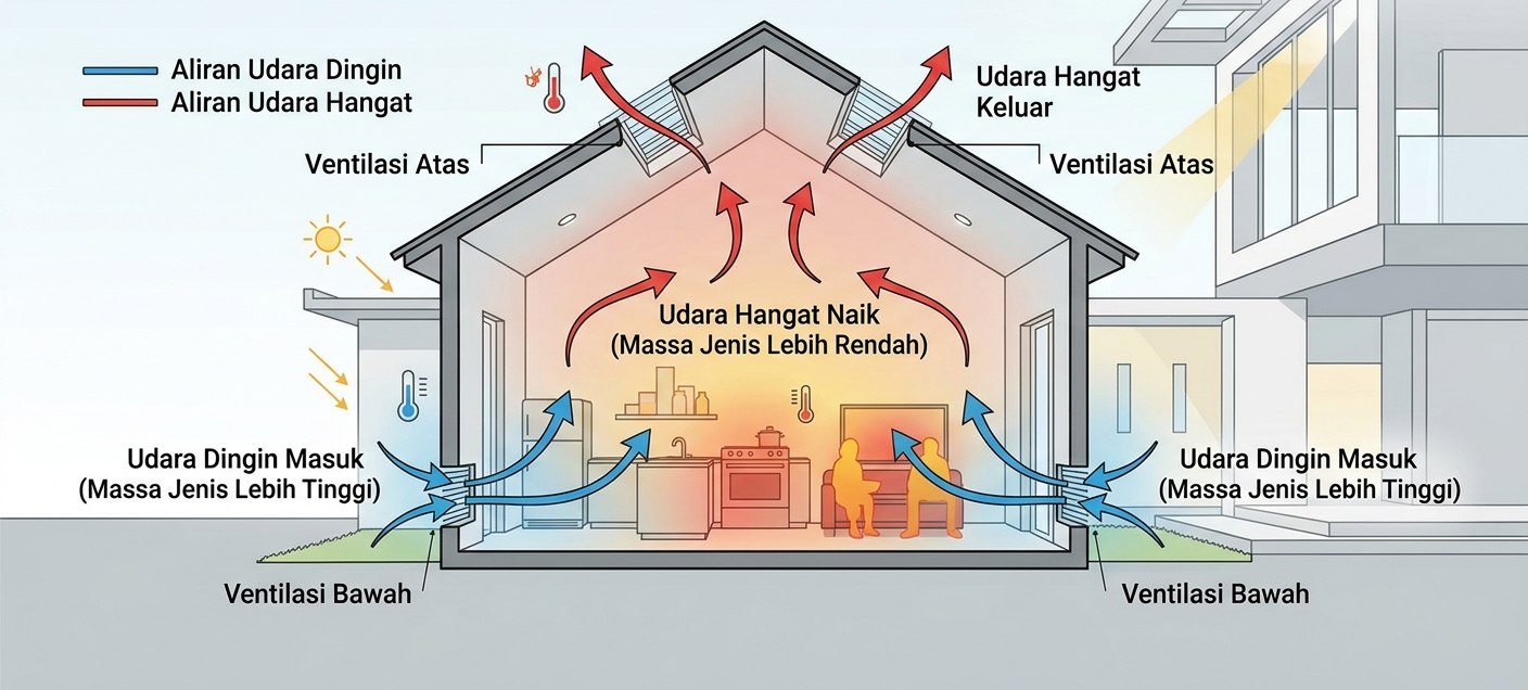 Prinsip ventilasi silang dan manajemen suhu dalam arsitektur rumah tropis.